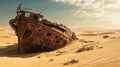 Old and rusty shipwreck sitting in the middle of desert, post apocalyptic scene.