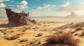 Old and rusty shipwreck sitting in the middle of desert, post apocalyptic scene.