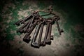 Old rusty skeleton keys on wood background Royalty Free Stock Photo