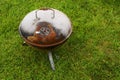 Old rusty small barbeque cooker in a garden. Cheap metal cooking device. Worn out budget way to cook food Royalty Free Stock Photo