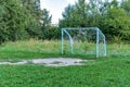 Old rusty soccer goal after game, nostalgia concept