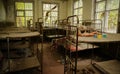 Old rusty soviet beds in kindergarten at Chernobyl ghost town, U