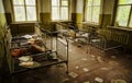 Old rusty soviet beds in kindergarten at Chernobyl ghost town, U