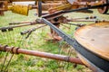 Old rusty species of part of agricultural machinery in rural areas.