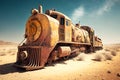 An old rusty steam locomotive parked in the desert