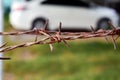 Old rusty steel barbed wire on blurred background