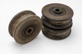 Old and rusty steel wheels with bearing on white background Royalty Free Stock Photo