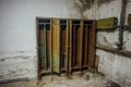 Old rusty storage lockers in abandoned bomb shelter