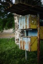 Old rusty street mailbox with many cells among green grass and t