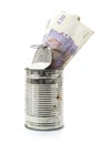 Old rusty Tin Can full of 20 Pound notes Royalty Free Stock Photo