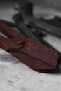 Old rusty tin snips cutter with spanners Royalty Free Stock Photo