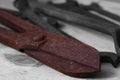 Old rusty tin snips cutter with spanners Royalty Free Stock Photo