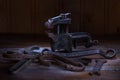 Old Rusty Tool In The Dark Room, Totally Dark Place, Playing With Lights, Old Stuff, Vice, Keys On Wooden Table
