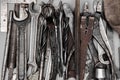 Old rusty tools, hammer, calliper, screwdriver, pliers, spanners Royalty Free Stock Photo