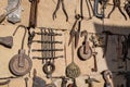 Old rusty tools, homeware and iron souvenirs for sale at flea market