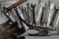 Old rusty tools, hammer, calliper, screwdriver, pliers, spanners Royalty Free Stock Photo