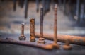 Old rusty tools lying on a wooden table.