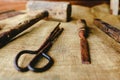 Old and rusty tools to work the wood in a boat Royalty Free Stock Photo