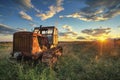 Old rusty tractor in a field on sunset Royalty Free Stock Photo
