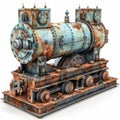 old and rusty train engine sits abandoned against a stark white background, showcasing its weathered and worn appearance Royalty Free Stock Photo