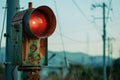 Old rusty train signal showing red light at dusk Royalty Free Stock Photo