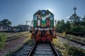 Old rusty train in Yaniv Railway Station - text says: Beware - Chernobyl Exclusion Zone, Ukraine