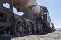 old rusty trains at the antique train cemetery close to the salt flats of Uyuni in Bolivia Royalty Free Stock Photo