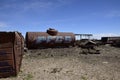 old rusty trains at the antique train cemetery close to the salt flats of Uyuni. Bolivia.