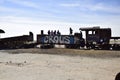 old rusty trains at the antique train cemetery close to the salt flats of Uyuni. Bolivia.