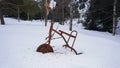 An old rusty tricycle in the winter forest