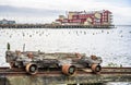 An old rusty trolley stands on the rails of the Pacific Ocean in Astoria Royalty Free Stock Photo