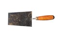 An old, rusty trowel with an orange handle on the right, isolated on white background with a clipping path. Royalty Free Stock Photo