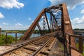 Old rusty truss railroad bridge over the Red River on the border Royalty Free Stock Photo