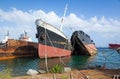 Old rusty vessels in a Scrap yard Royalty Free Stock Photo