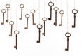 Old rusty vintage keys suspended on the laces Royalty Free Stock Photo