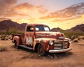 An old rusty vintage pickup is in the middle of the desert.