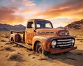 An old rusty vintage pickup is in the middle of the desert.