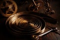 Old rusty watch parts with gear wheels in the dark. Repair of vintage brass clock Royalty Free Stock Photo