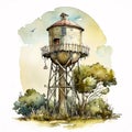 Watercolor Painting of an Old Watertower Adorned with Beautiful Flowers and Vines AI Generated