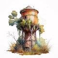Nature Reclaims an Old Watertower: Watercolor Painting of a Rusty Structure with Floral Growth AI Generated