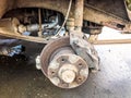 Old rusty worn brake discs, pads of a truck, car. Car suspension repair. Replacing wheel Royalty Free Stock Photo