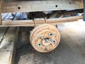 Old rusty worn drum brakes of a truck, car. Automotive suspension repair. Replacing wheel Royalty Free Stock Photo