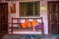 Old sadhu baba sleeping on a bench in Nepal Royalty Free Stock Photo