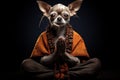 Old sage chihuahua dog in monk attire in meditation pose. Black background. A doggy guru meditates, achieving nirvana