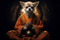 Old sage chihuahua dog in monk attire in meditation pose. Dark background. A doggy guru meditates, achieving nirvana Royalty Free Stock Photo