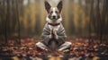 Old sage dog in monk attire in meditation pose in the forest. A doggy guru meditates, achieving nirvana. Suitable for Royalty Free Stock Photo
