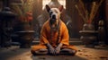 Old sage dog in monk attire in meditation pose in the temple. A doggy guru meditates, achieving nirvana. Suitable for Royalty Free Stock Photo