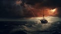 Old sail ship braving the waves of a wild stormy sea Royalty Free Stock Photo