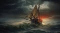 Old sail ship braving the waves of a wild stormy sea Royalty Free Stock Photo