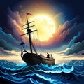 Old sail ship braving the waves of a wild stormy sea at night Royalty Free Stock Photo